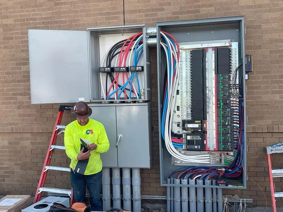 G4 Electric technician in a lime G4 shirt beside an open commercial switchboard and CT cabinet
