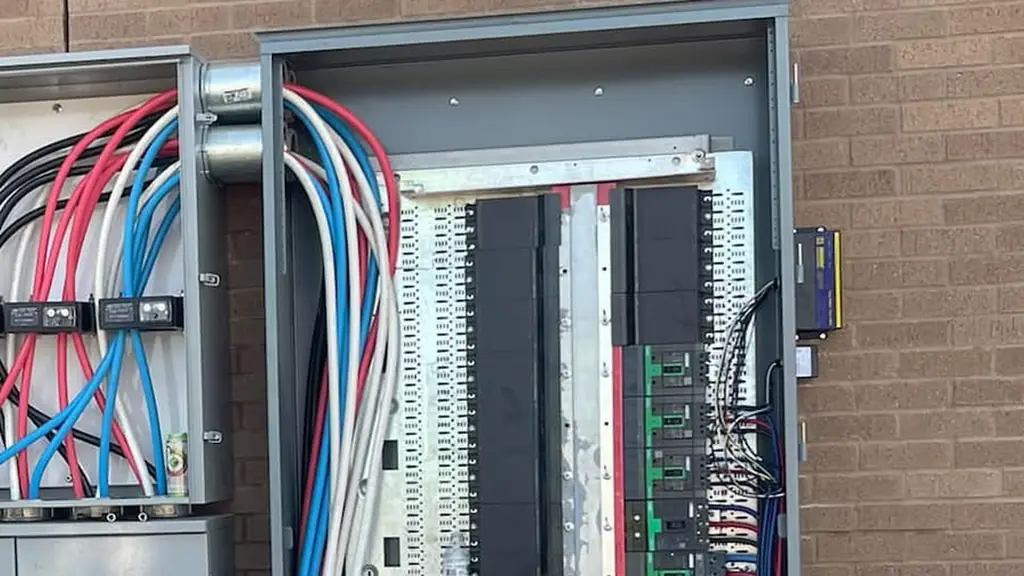 Open switchboard with red, white and blue conductors dressed down into the breaker stack